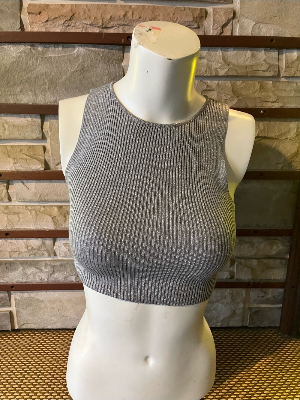 Zara Silver Ribbed Metallic Crewneck Tank